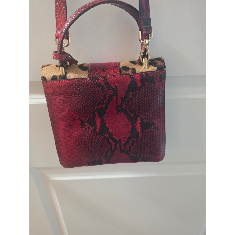 Red Snakeskin and Leopard Calf Hair Crossbody Satchel Bag with Gold Hardware - Picture 4 of 12